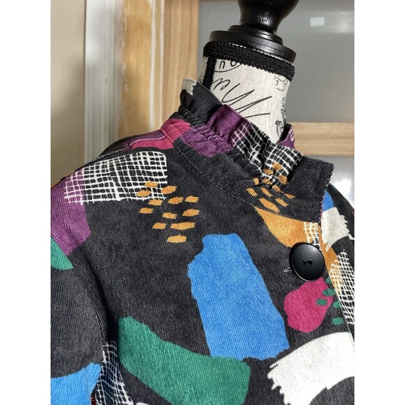 Women's Abstract Print Art Jacket Blouson Coat Button Front Retro Colorblock - Picture 6 of 11